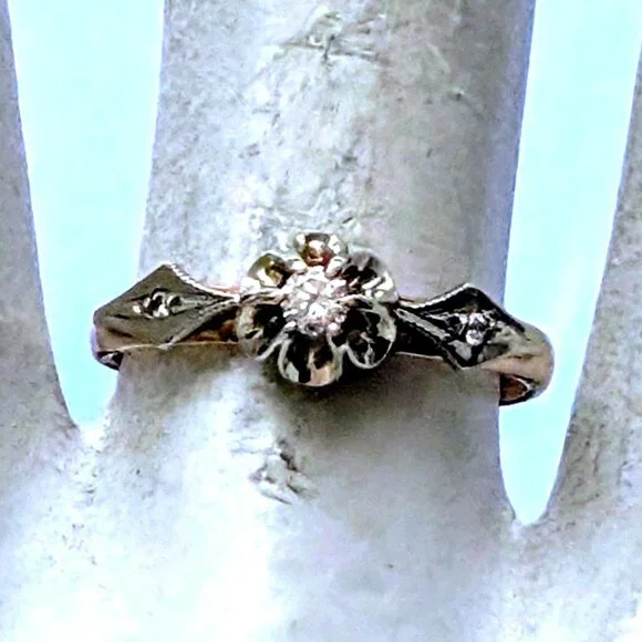 Vintage Russian USSR Solid 14K 585 Rose Pink White Gold Diamond Buttercup Ring